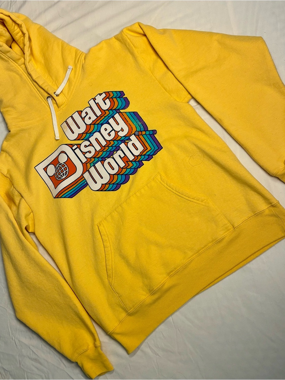 Disney Yellow Pullover Hoodie with Retro Walt Disney World Logo